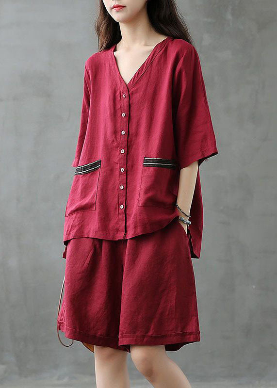 Women Red Button Patchwork Tops And Shorts Linen Two Pieces Set Summer