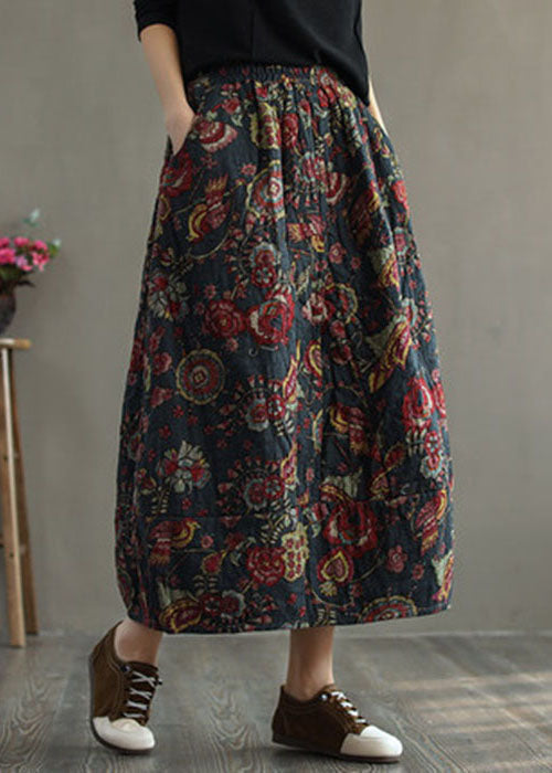 Women Geometry Elastic Waist Patchwork Print Fine Cotton Filled Skirt Winter