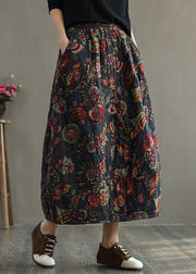 Women Grey-floral Elastic Waist Patchwork Print Fine Cotton Filled Skirt Winter