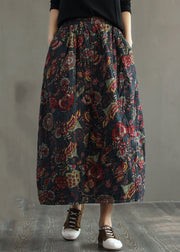 Women Grey-floral Elastic Waist Patchwork Print Fine Cotton Filled Skirt Winter