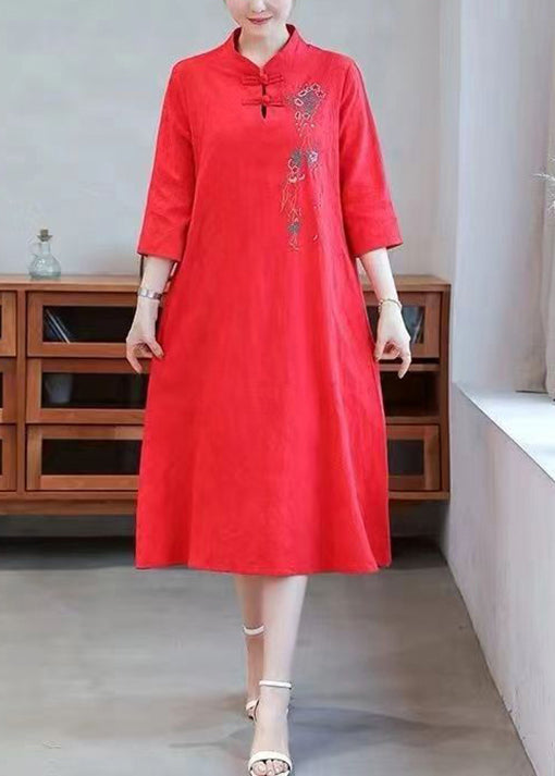 Women Red Embroidered Button Cotton Dress Half Sleeve