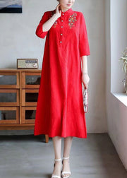 Women Red Embroidered Button Cotton Dress Half Sleeve