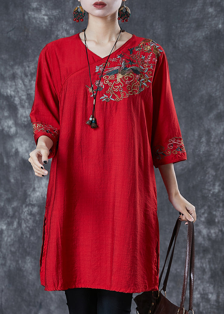 Women Red Embroidered Linen Mid Dresses Summer