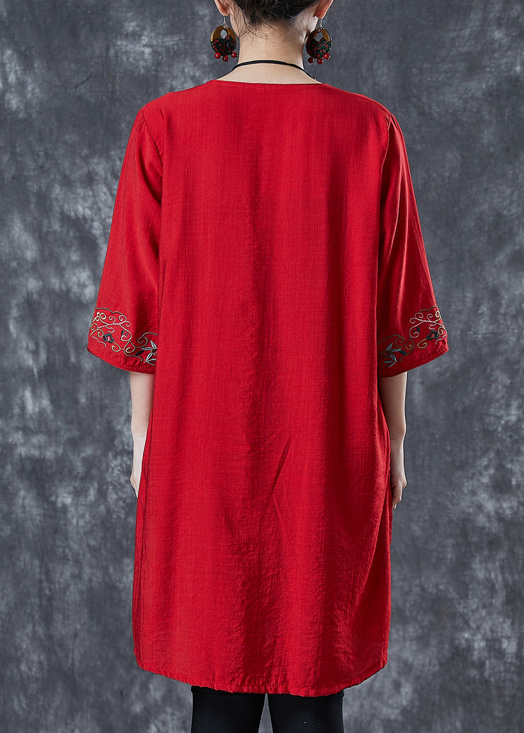 Women Red Embroidered Linen Mid Dresses Summer