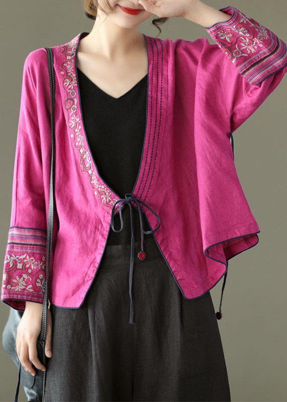 Women Plum Floral Embroidered Long sleeve Linen Shirt