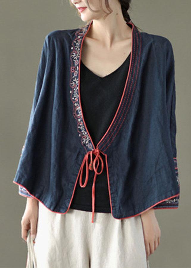 Women Red Embroideried Long sleeve Linen Shirt - SooLinen