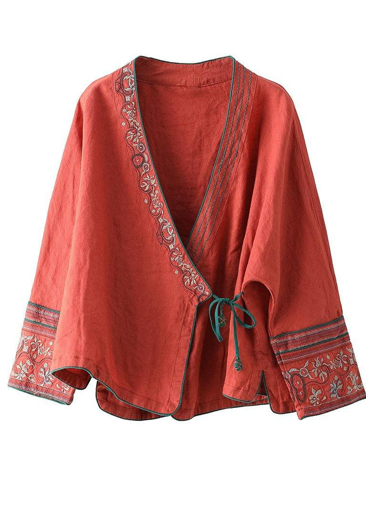 Women Red Embroideried Long sleeve Linen Shirt - SooLinen