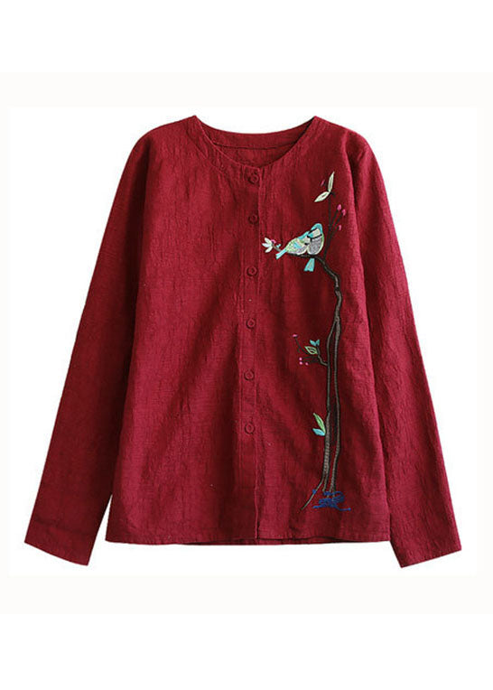 Women Red Embroideried Patchwork Cotton Cardigans Coats Spring