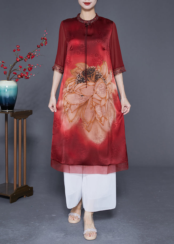 Women Red Embroideried Patchwork Tassel Silk Dress Half Sleeve