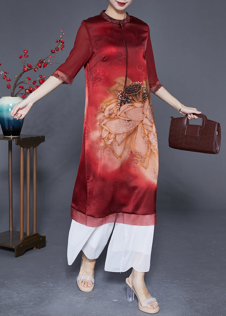 Women Red Embroideried Patchwork Tassel Silk Dress Half Sleeve