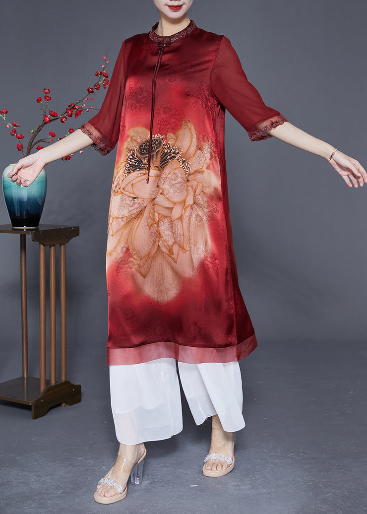 Women Red Embroideried Patchwork Tassel Silk Dress Half Sleeve