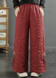 Women Red Embroidered Pockets Fine Cotton Filled Wide Leg Pants Winter