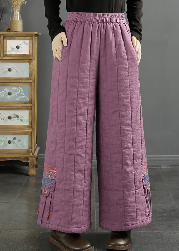 Women Red Embroidered Pockets Fine Cotton Filled Wide Leg Pants Winter