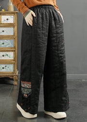 Women Red Embroidered Pockets Fine Cotton Filled Wide Leg Pants Winter