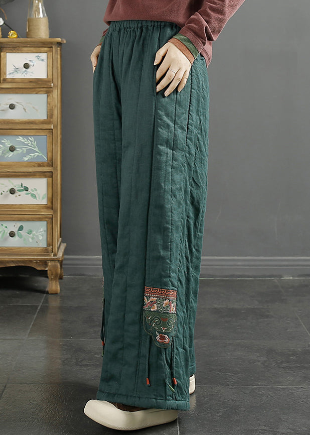 Women Red Embroidered Pockets Fine Cotton Filled Wide Leg Pants Winter