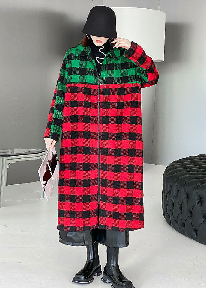 Women Red Green Plaid Peter Pan Collar Patchwork Woolen Trench Winter