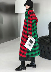 Women Red Green Plaid Peter Pan Collar Patchwork Woolen Trench Winter