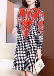 Women Red High Neck Plaid Wrinkled A Line Dress Spring