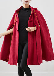 Women Red Hooded Chinese Button Warm Fleece Coats Cloak Sleeves