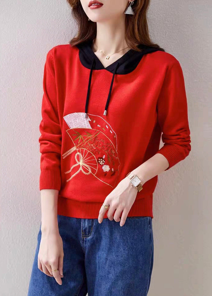 Women Red Hooded Embroideried Patchwork Knit Top Fall