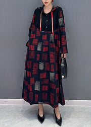 Women Red Hooded Plaid Patchwork Cotton Long Dress Fall