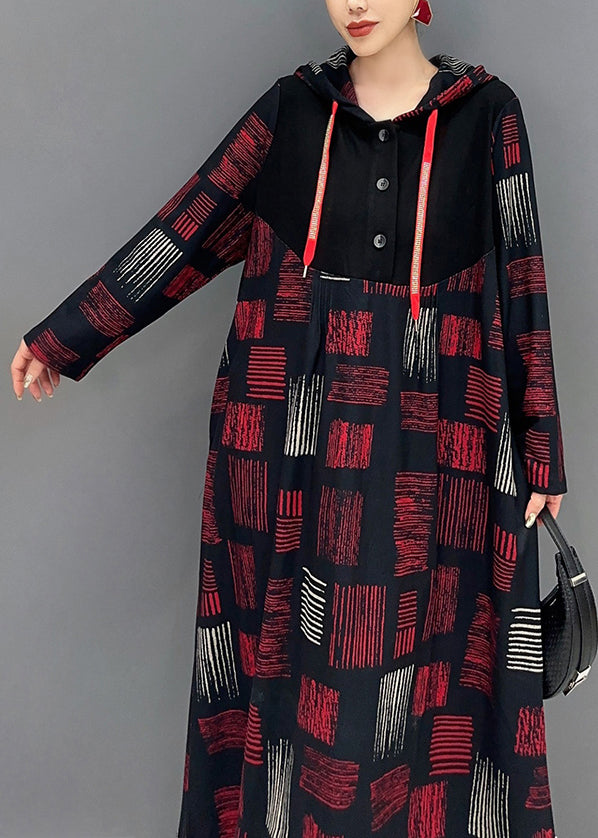 Women Red Hooded Plaid Patchwork Cotton Long Dress Fall