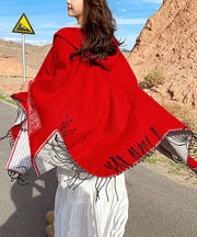 Women Red Hooded Tasseled Print Cashmere Scarf