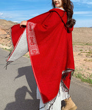 Women Red Hooded Tasseled Print Cashmere Scarf