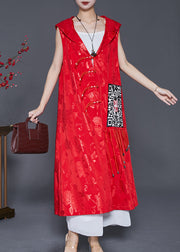 Women Red Jacquard Tasseled Silk Long Vest Fall