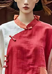 Women Red Mandarin Collar Patchwork Linen Shirts Summer