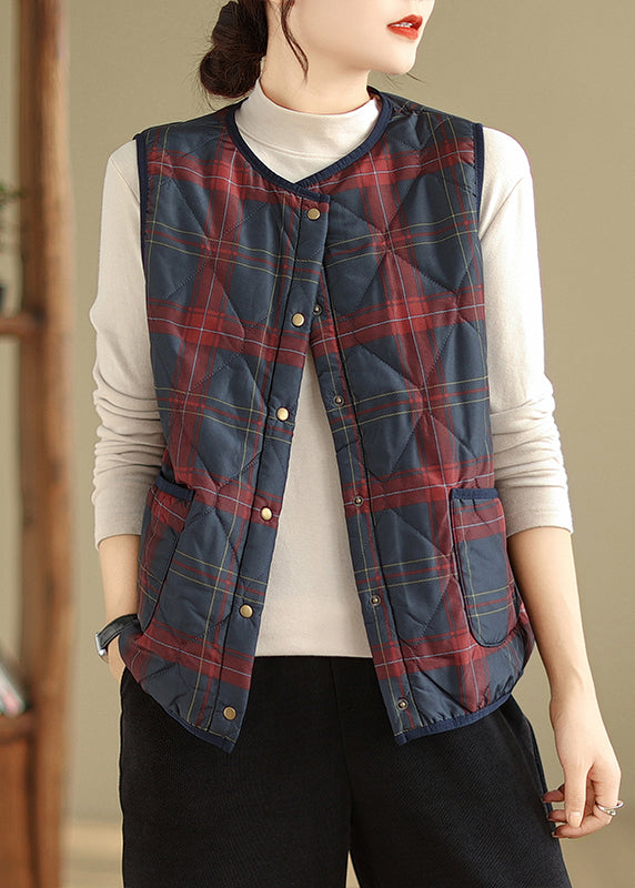 Women Red Navy Plaid Pockets Patchwork Warm Fleece Vest Sleeveless