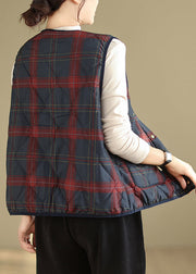 Women Red Navy Plaid Pockets Patchwork Warm Fleece Vest Sleeveless