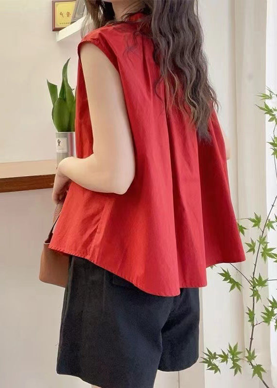 Women Red O Neck Button Cotton Blouses Sleeveless