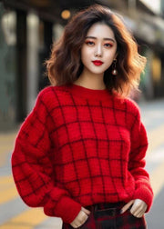 Women Red O Neck Cozy Cotton Knit Sweaters Long Sleeve