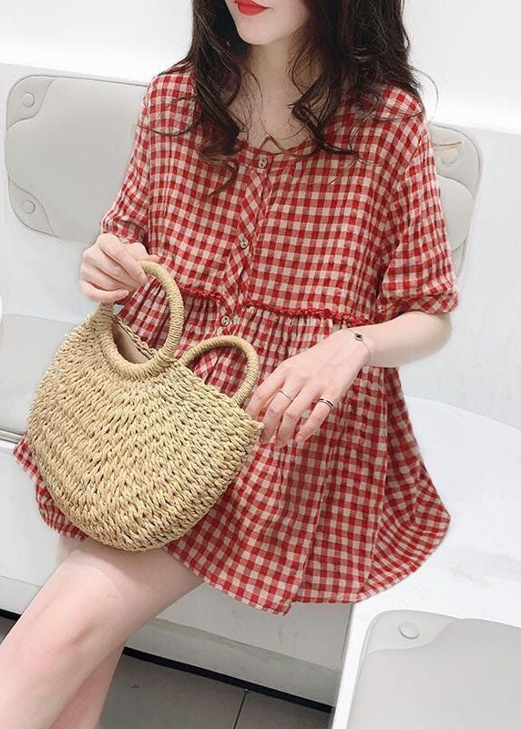 Women Red O Neck Plaid Wrinkled Patchwork Cotton Shirt Top Summer