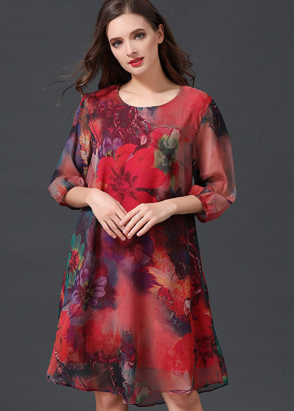 Women Red O Neck Print Patchwork Chiffon Mid Dress Summer