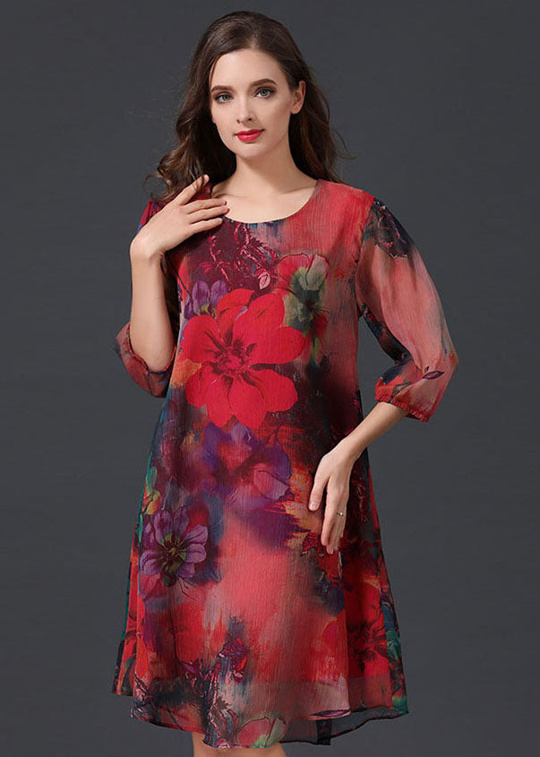 Women Red O Neck Print Patchwork Chiffon Mid Dress Summer