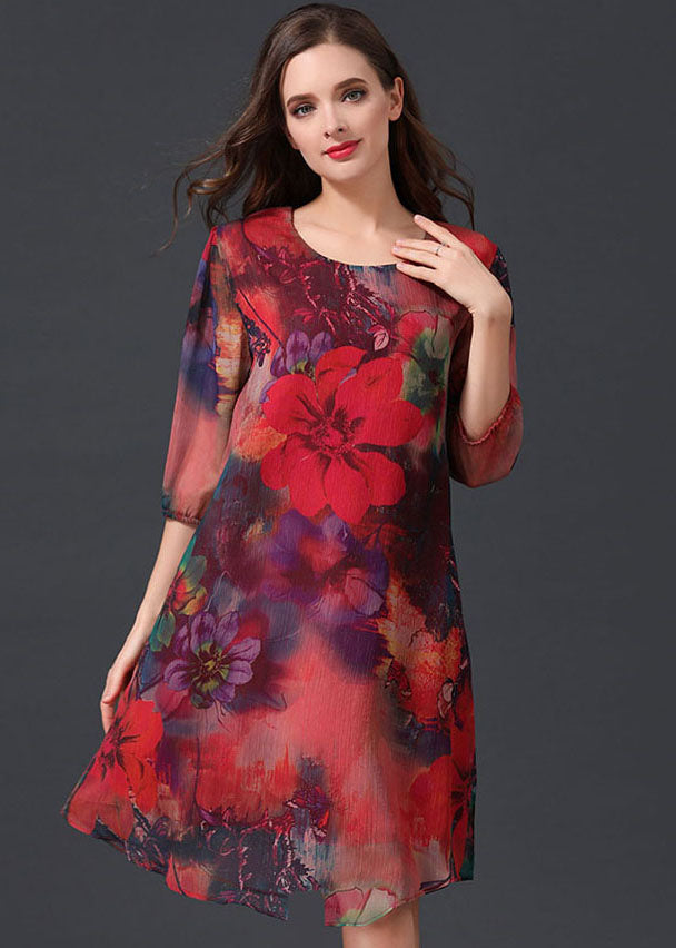 Women Red O Neck Print Patchwork Chiffon Mid Dress Summer