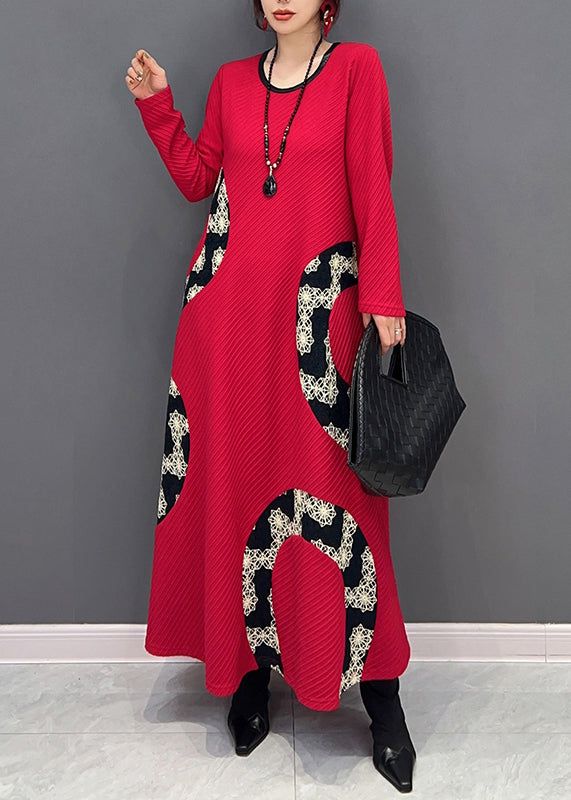 Women Red O Neck Print Patchwork Knit Long Dress Fall