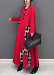 Women Red O Neck Print Patchwork Knit Long Dress Fall