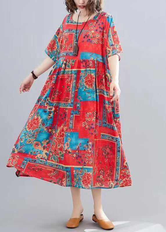 Women Red O-Neck Print Patchwork Long Dresses Short Sleeve