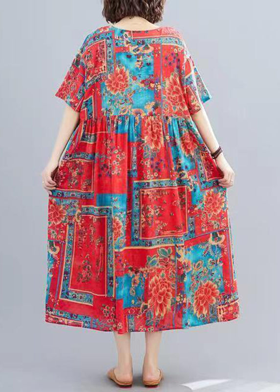 Women Red O-Neck Print Patchwork Long Dresses Short Sleeve