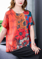 Women Red O-Neck Print Side Open Silk Top Summer