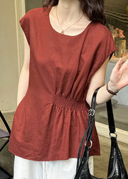 Women Red O Neck Solid Cotton Tops Summer