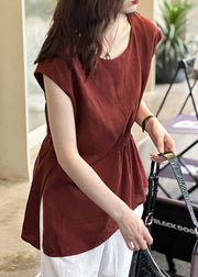 Women Red O Neck Solid Cotton Tops Summer