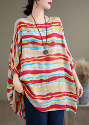 Women Red O Neck Striped Plus Size Cotton Blouse Tops Batwing Sleeve