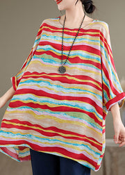 Women Red O Neck Striped Plus Size Cotton Blouse Tops Batwing Sleeve