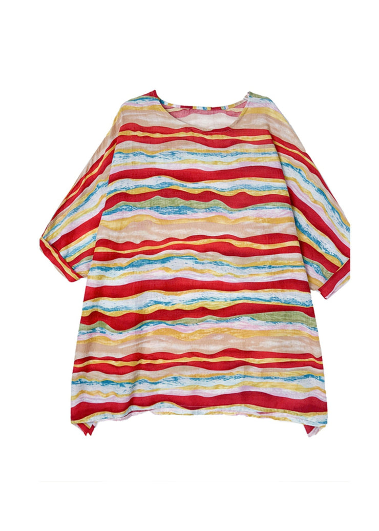 Women Red O Neck Striped Plus Size Cotton Blouse Tops Batwing Sleeve