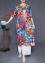 Women Red O-Neck Sunflower Print Silk Dress Summer