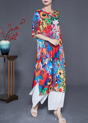 Women Red O-Neck Sunflower Print Silk Dress Summer